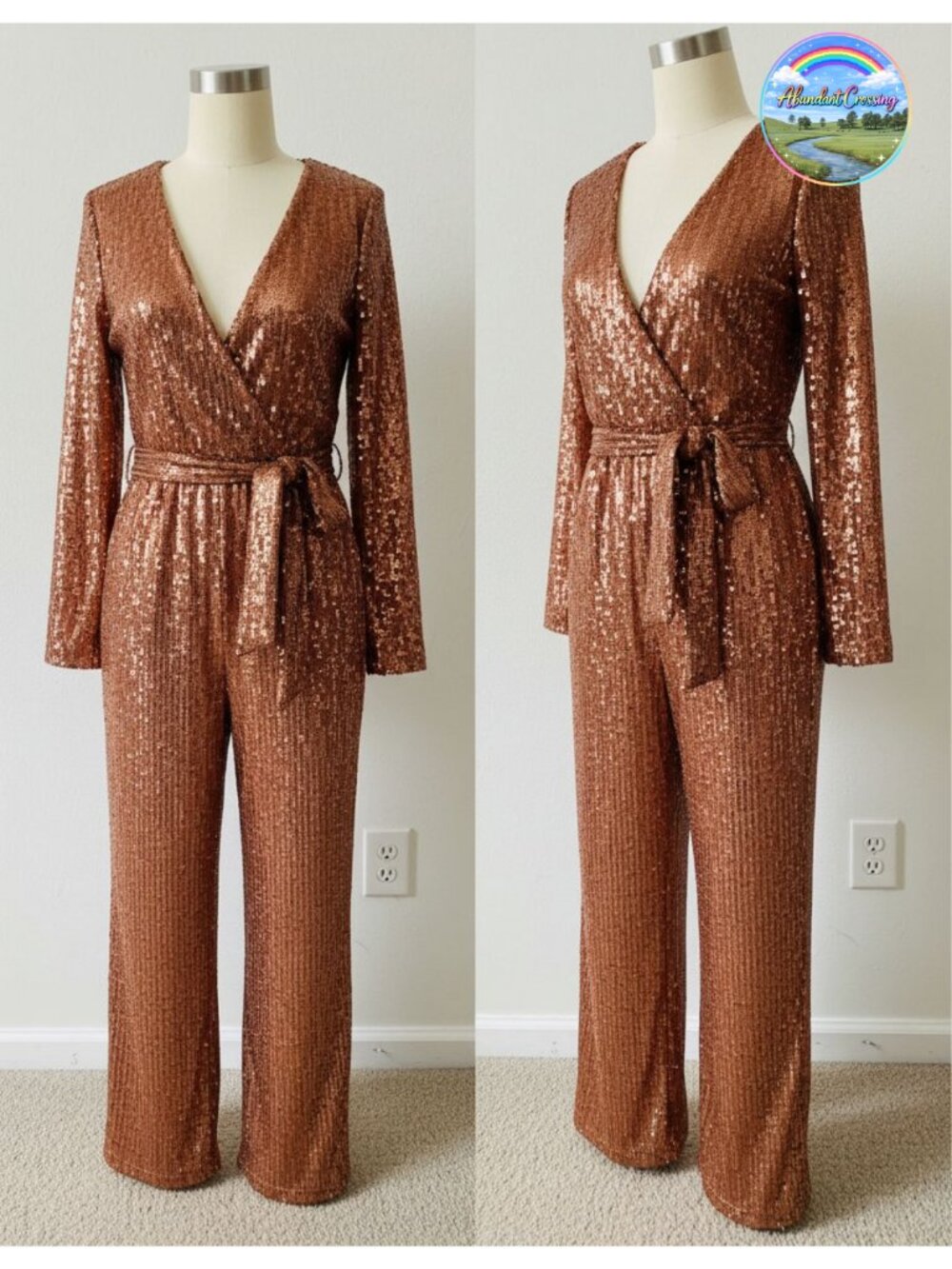 Women V-Neck Sparkly Long Sleeve Jumpsuit Loose Pants Party Clubwear with Belt
